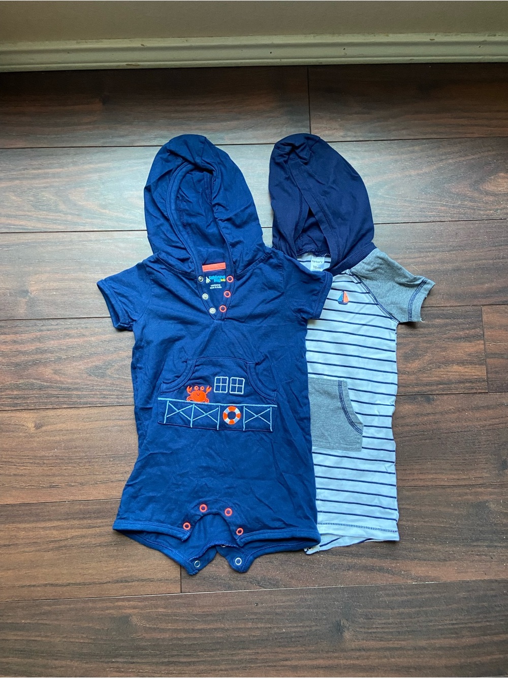 BUNDLE of 2 BLUE NAUTICAL COTTON HOODED ONESIES 18mo